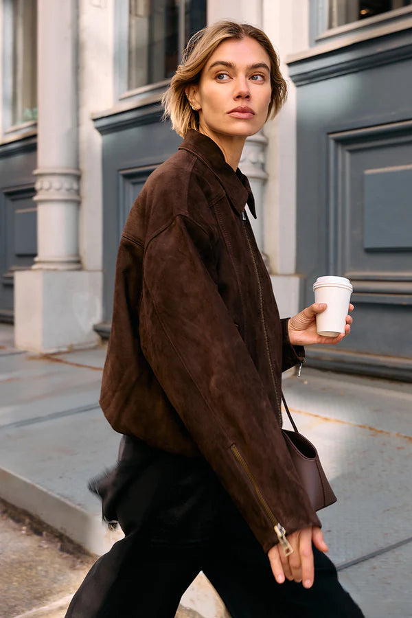 DENVER BITTER CHOC SUEDE LEATHER BOMBER JACKET
