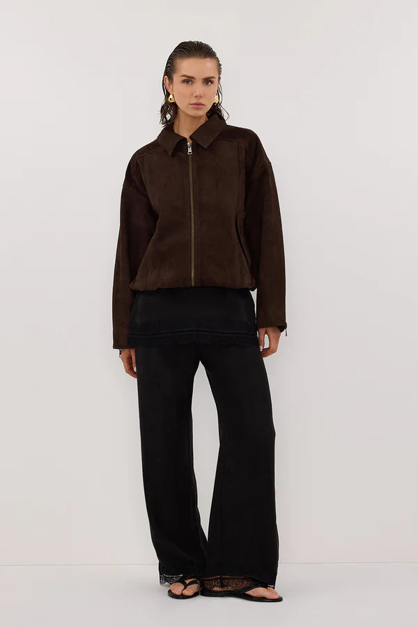 DENVER BITTER CHOC SUEDE LEATHER BOMBER JACKET